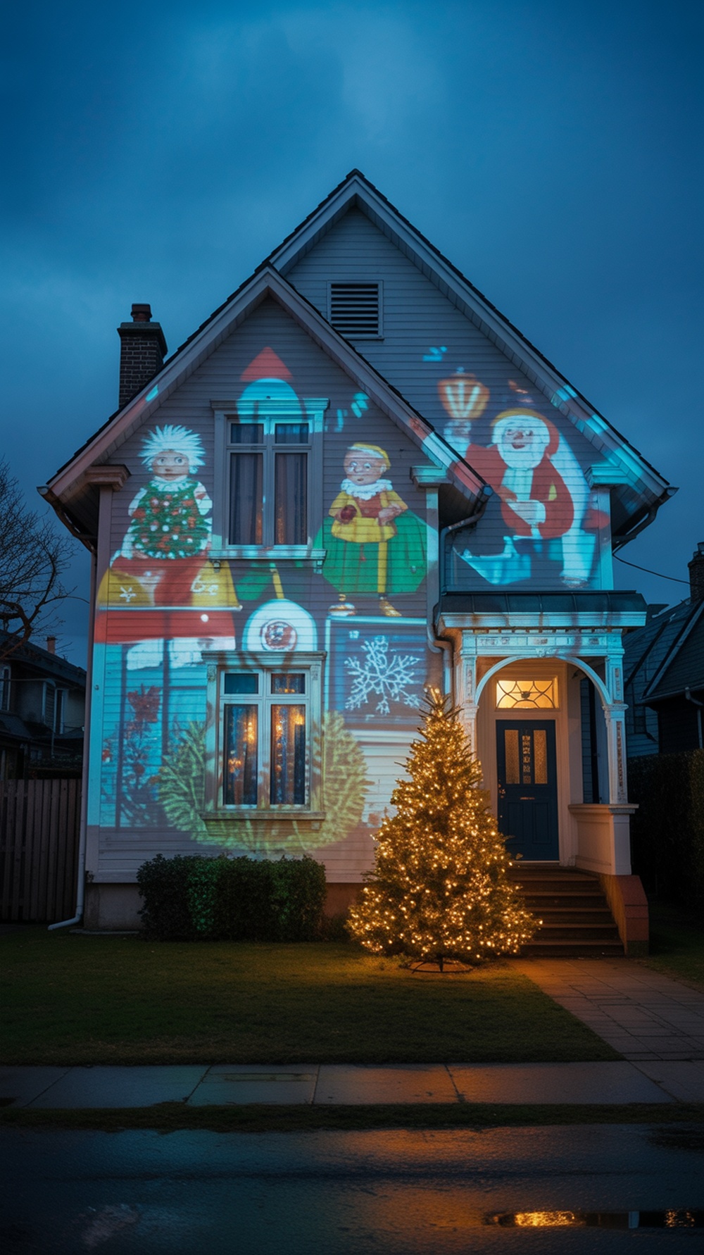 A house decorated with projector lights displaying holiday scenes, alongside a lit Christmas tree.