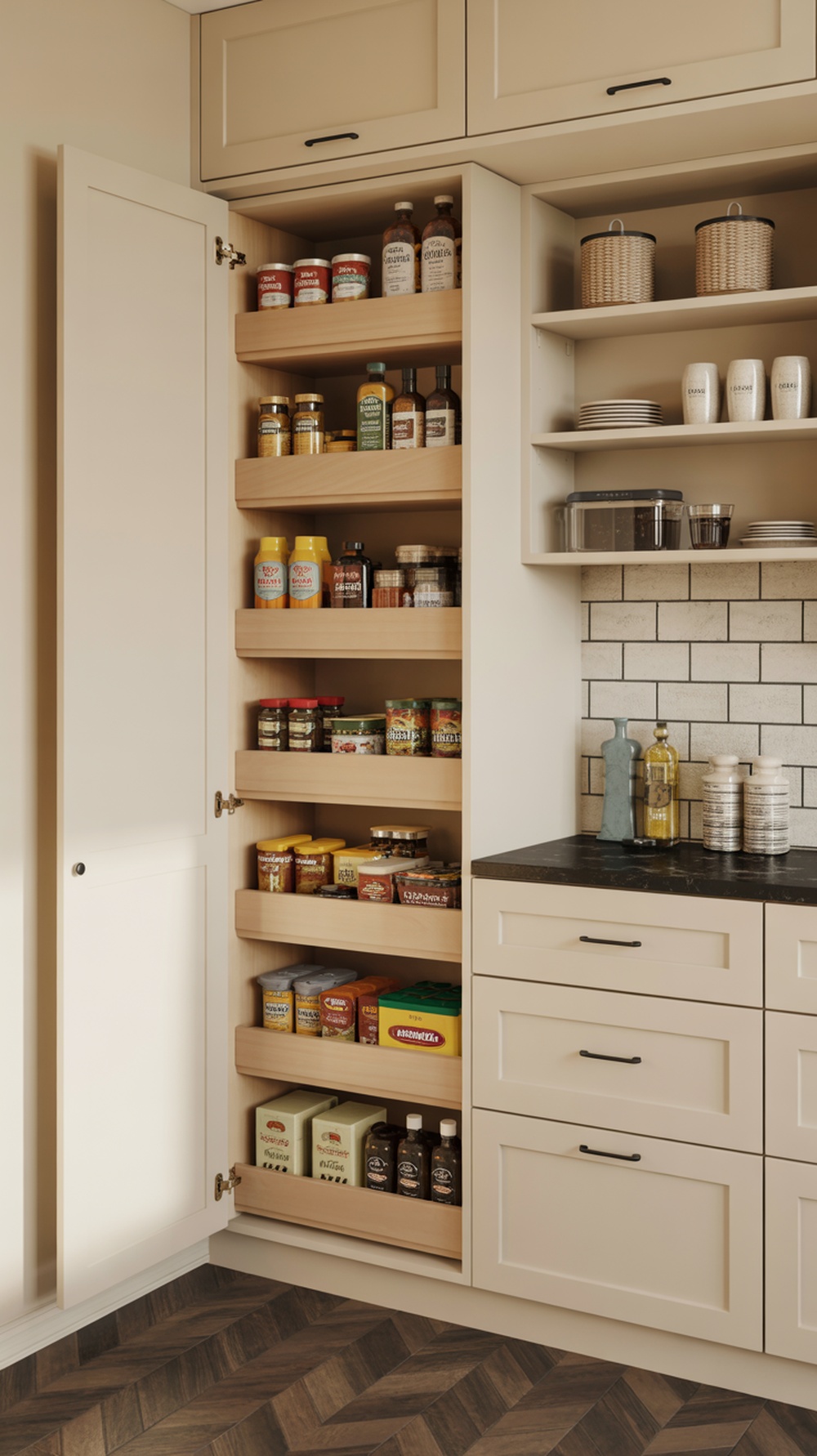 A pull-out pantry with organized shelves filled with jars and bottles, integrated into a small kitchen.