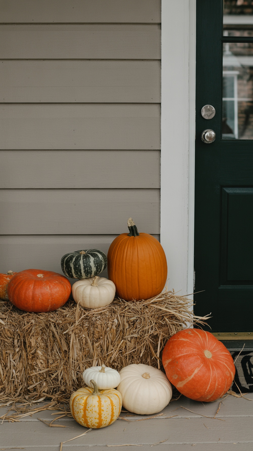 A variety of pumpkins displayed on hay bales on a porch, featuring different sizes and colors.