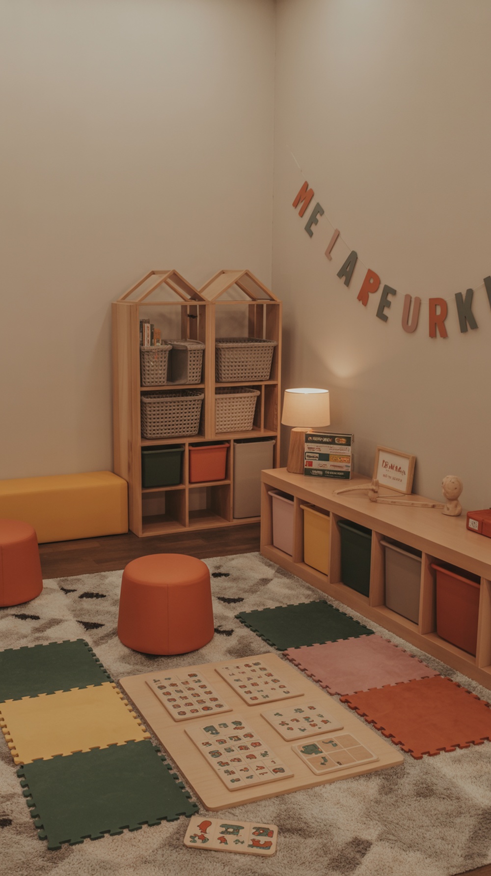 A cozy kids playroom featuring colorful mats, puzzles, and game storage.