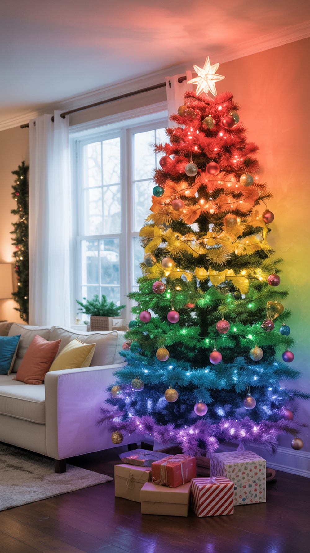 A colorful rainbow ombre Christmas tree with bright ornaments and a star on top, surrounded by wrapped gifts.