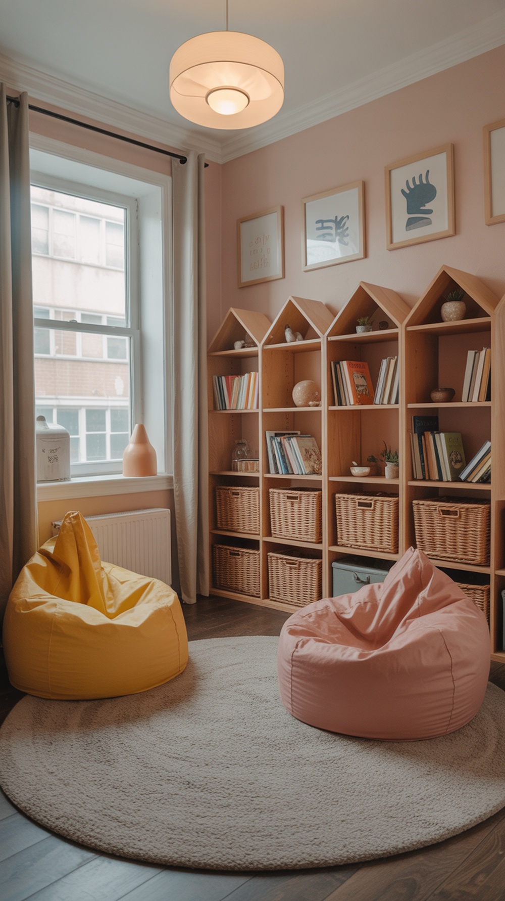 Cozy reading nook with bean bags and bookshelves