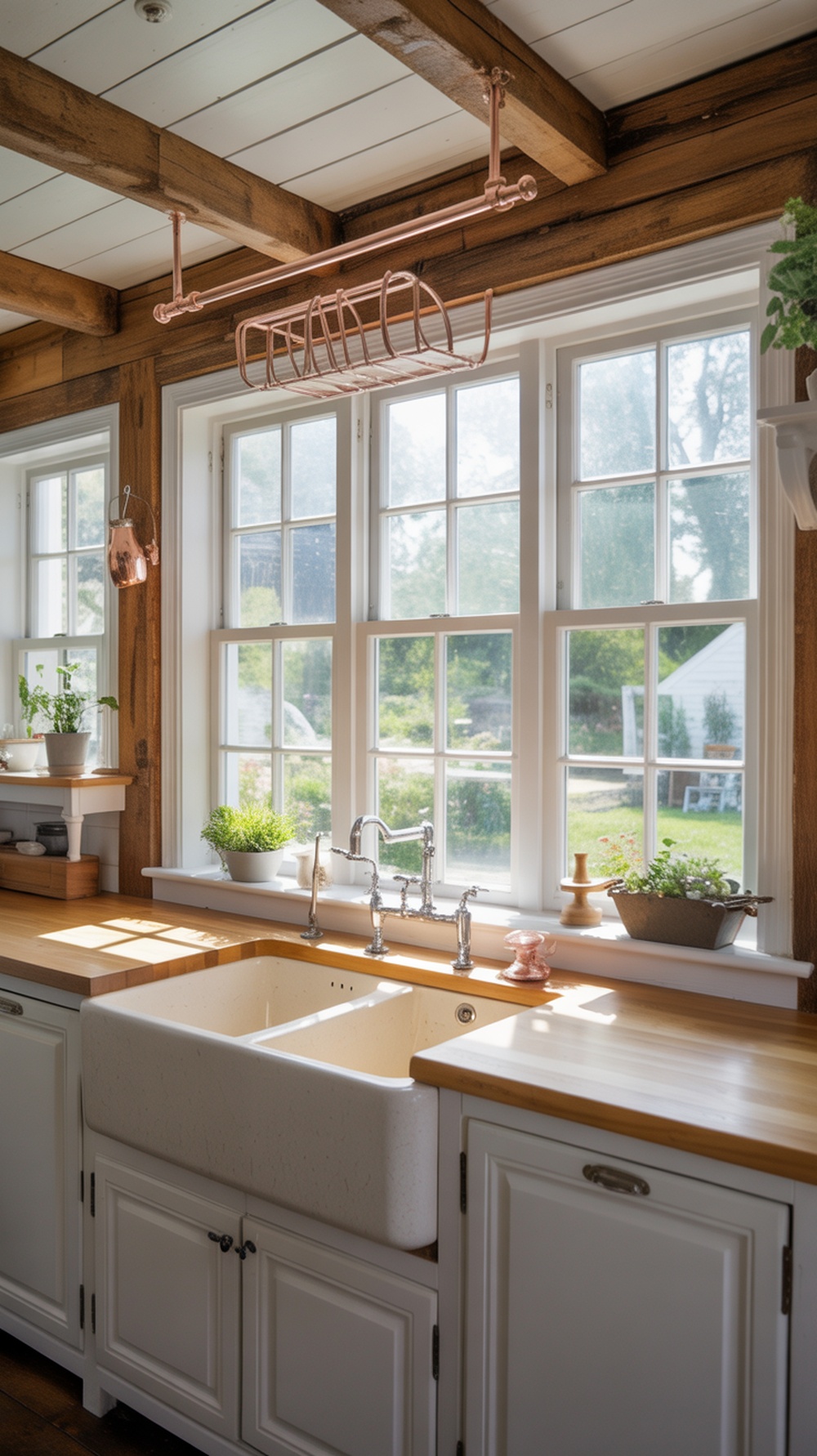 A modern farmhouse kitchen featuring reclaimed wood beams, wooden countertops, and a farmhouse sink under large windows.