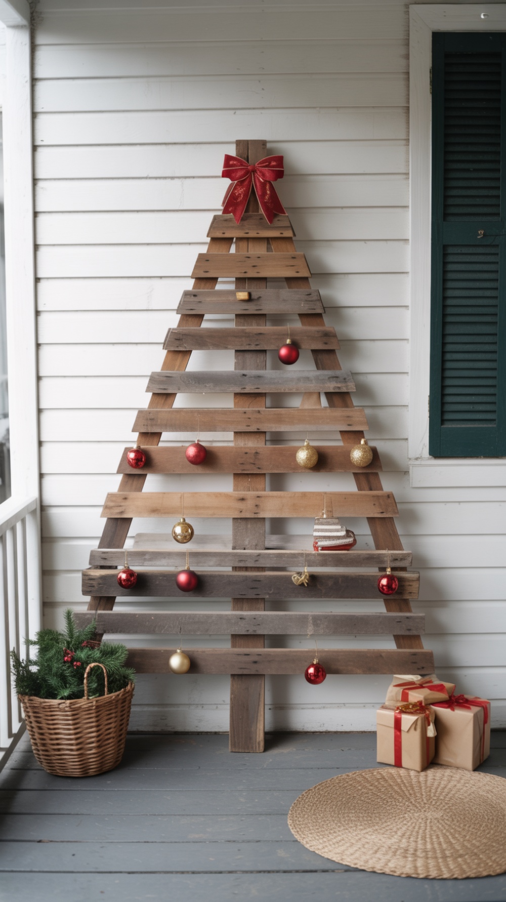 A recycled wooden pallet Christmas tree decorated with ornaments and a red bow on a front porch.