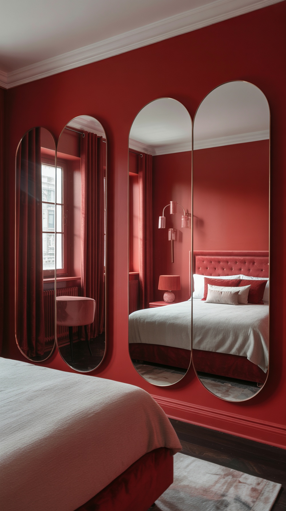 A stylish red bedroom featuring elongated mirrors and a cozy bed.