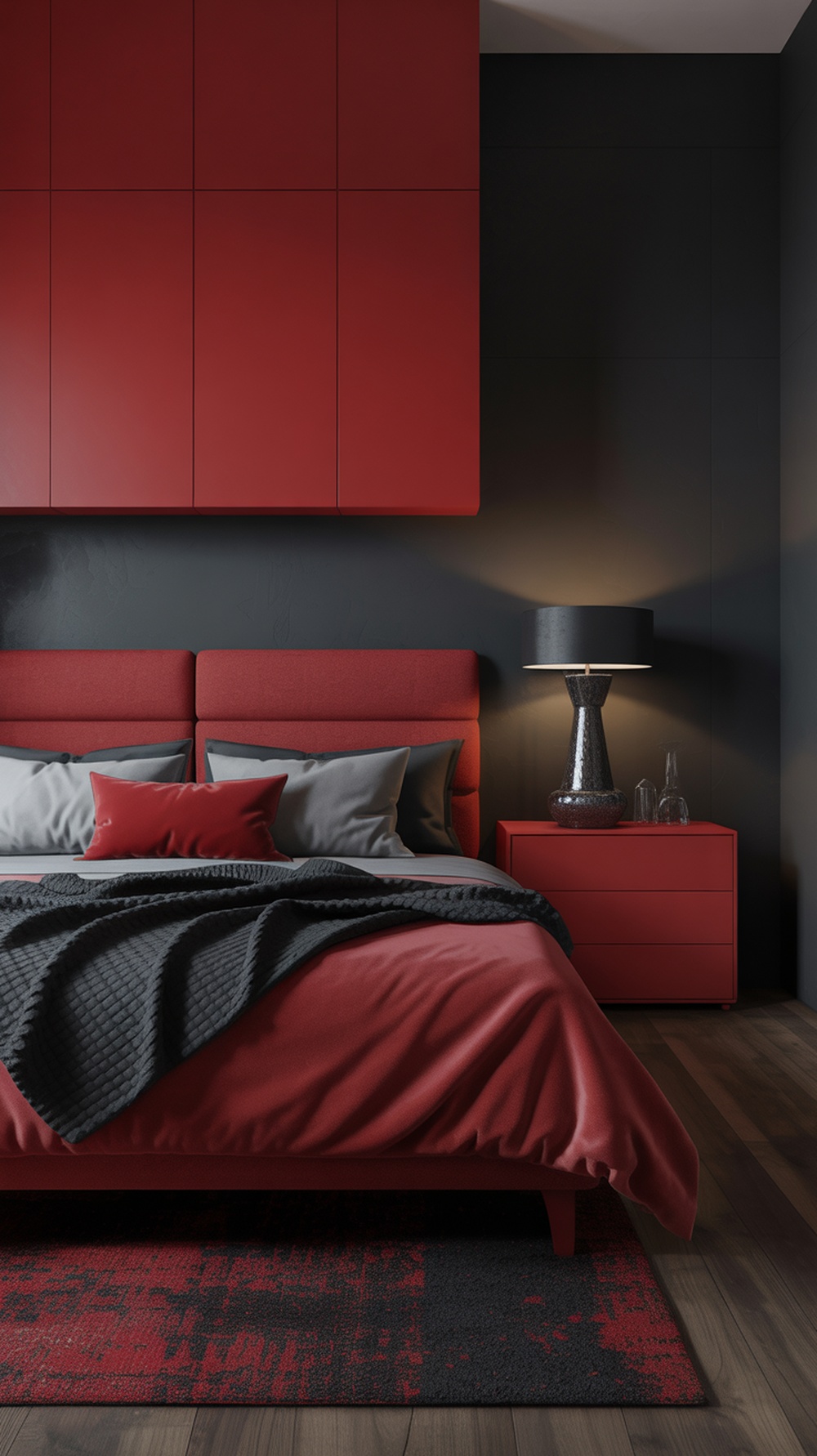 A modern bedroom with red and black color scheme featuring a red bed, black walls, and stylish decor.