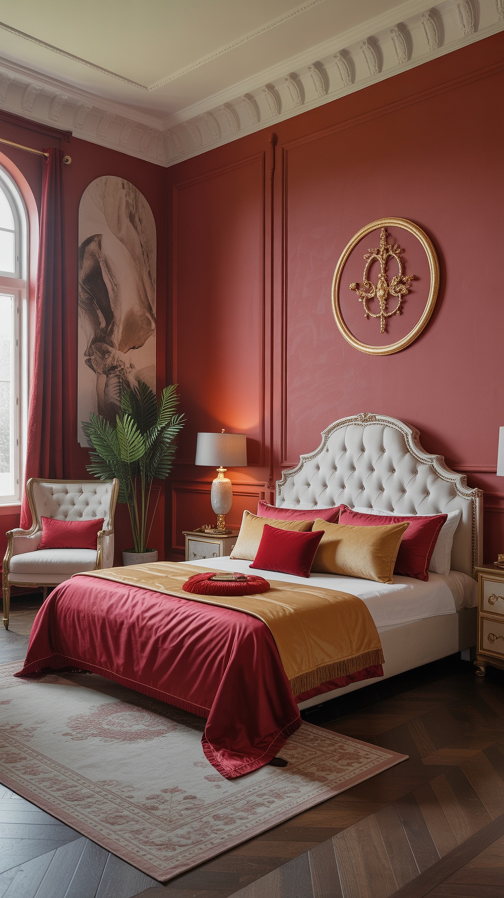 A beautifully designed bedroom featuring red walls, gold accents, and elegant furnishings.