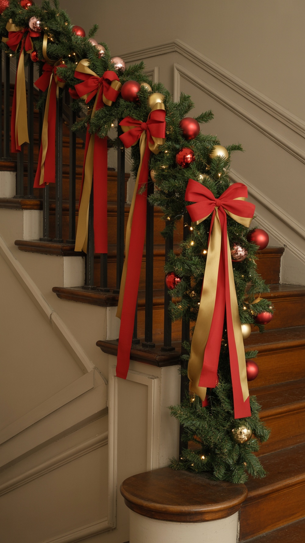 Staircase decorated with red and gold ribbons and ornaments