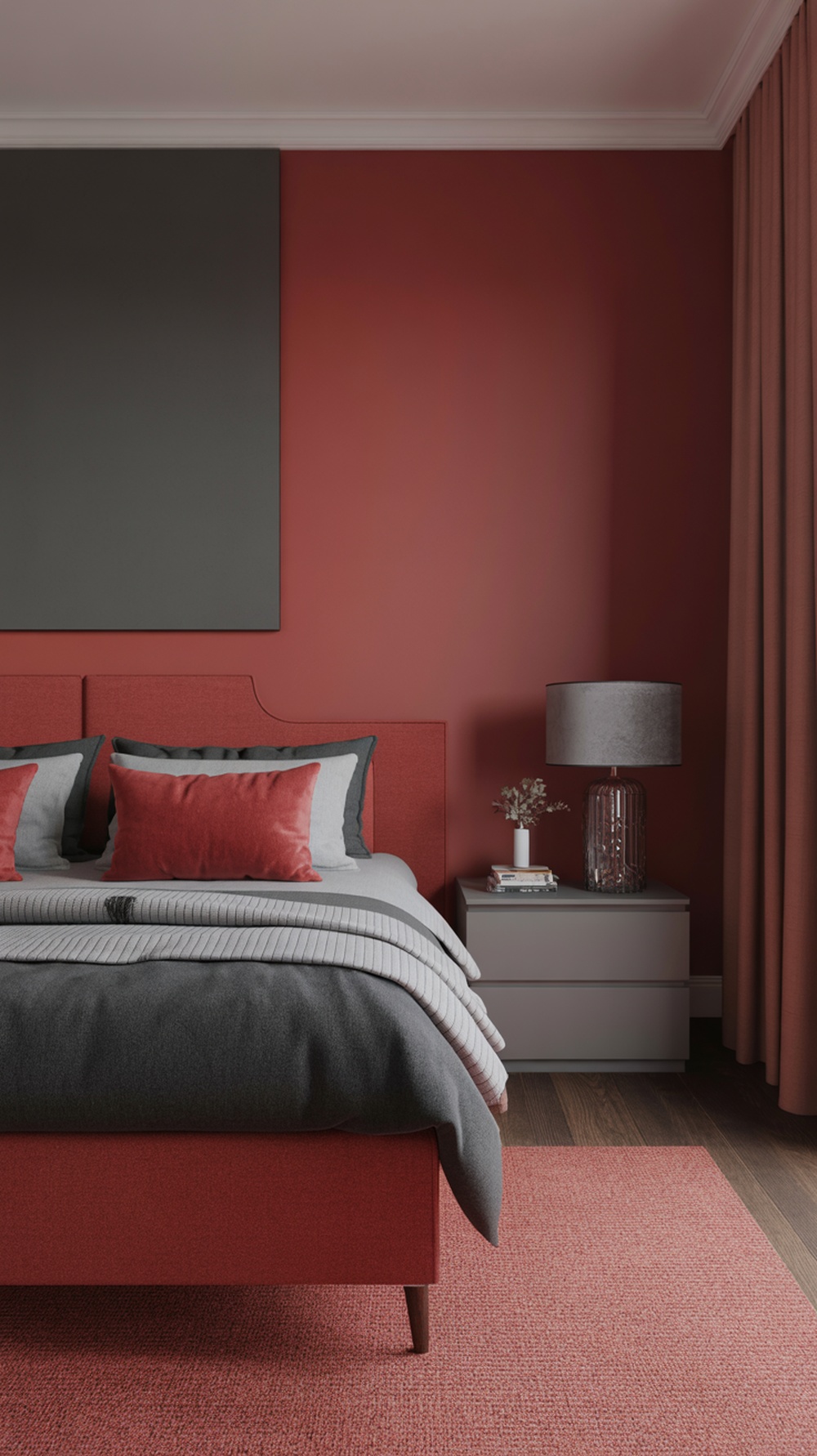 A modern bedroom featuring a red and gray color palette with a red headboard, gray bedding, and stylish lamp.