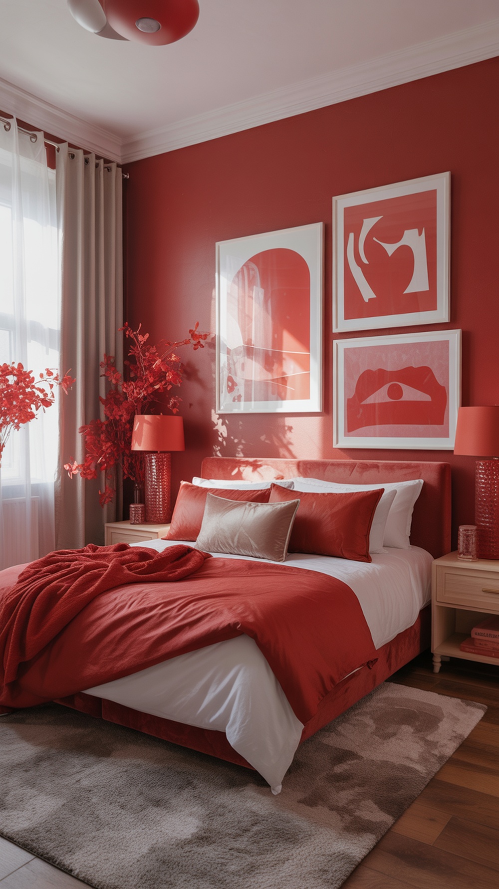 A cozy red bedroom featuring red walls, modern artwork, and matching decor.