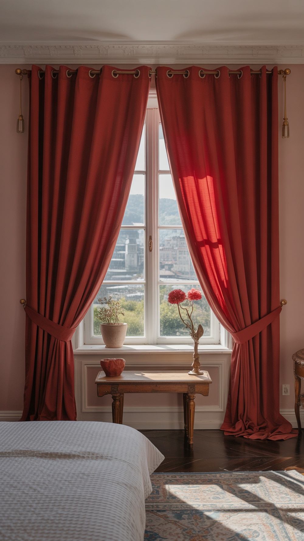 A cozy bedroom featuring rich red curtains framing a window, with a wooden table and decorative plants.