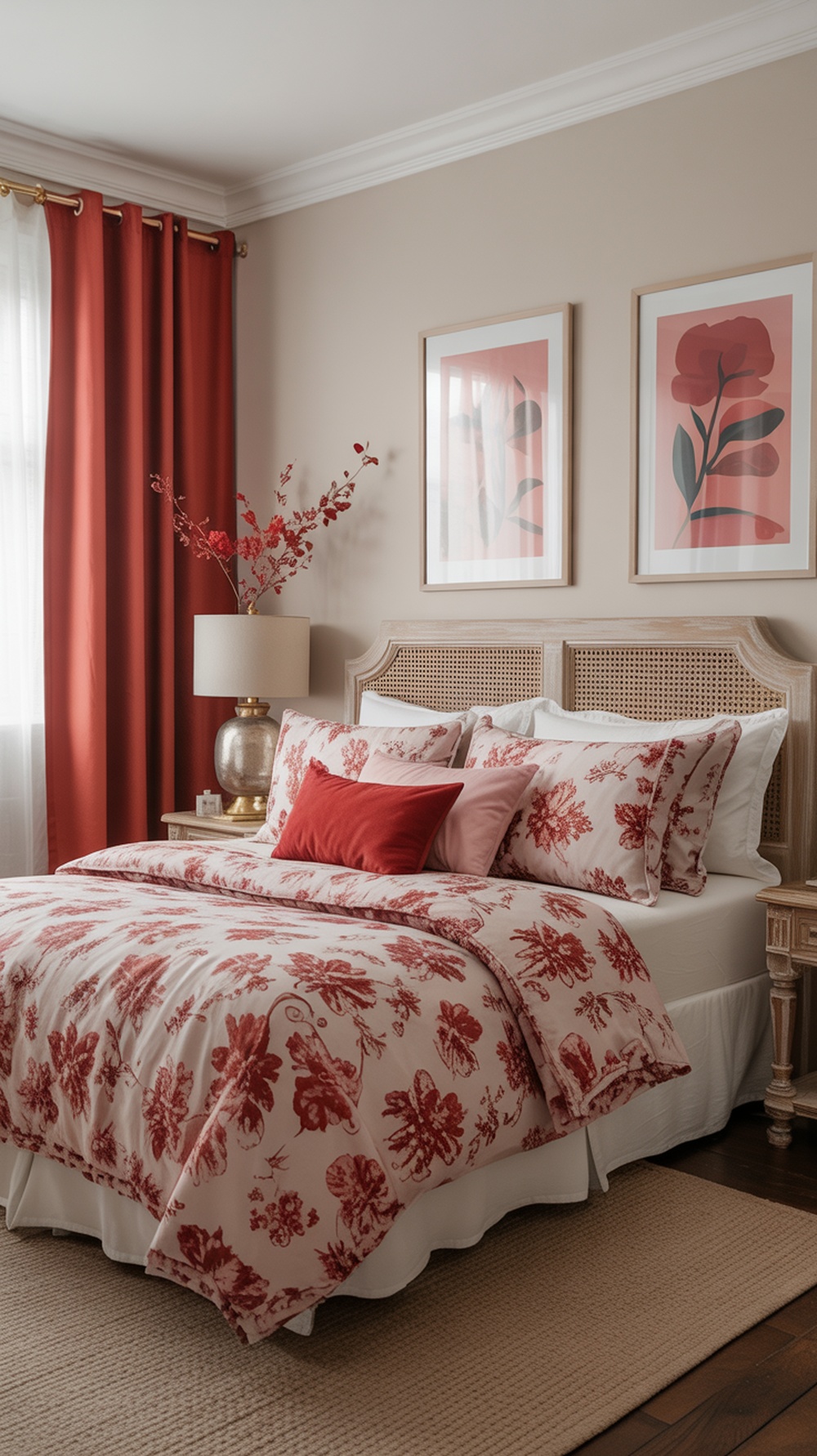 A cozy bedroom featuring red floral patterns on the bedding, complemented by matching pillows and curtains, creating a warm and inviting atmosphere.