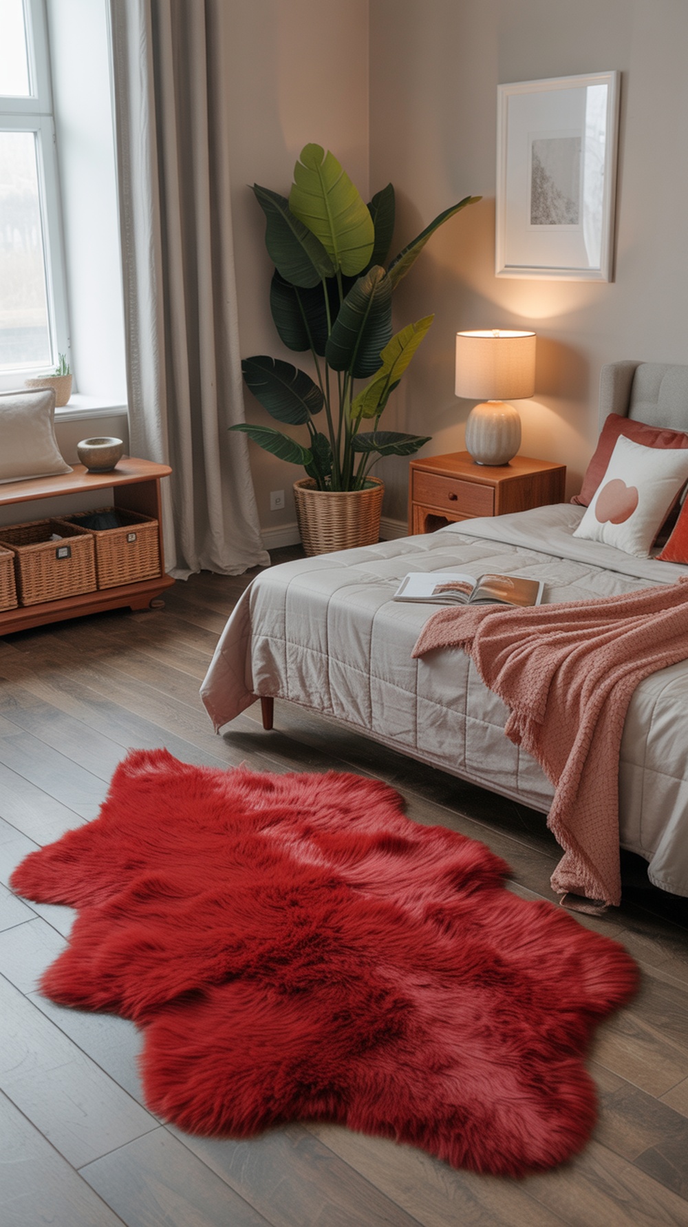 A cozy bedroom featuring a plush red rug on hardwood flooring, with a bed, bedside table, and potted plant.