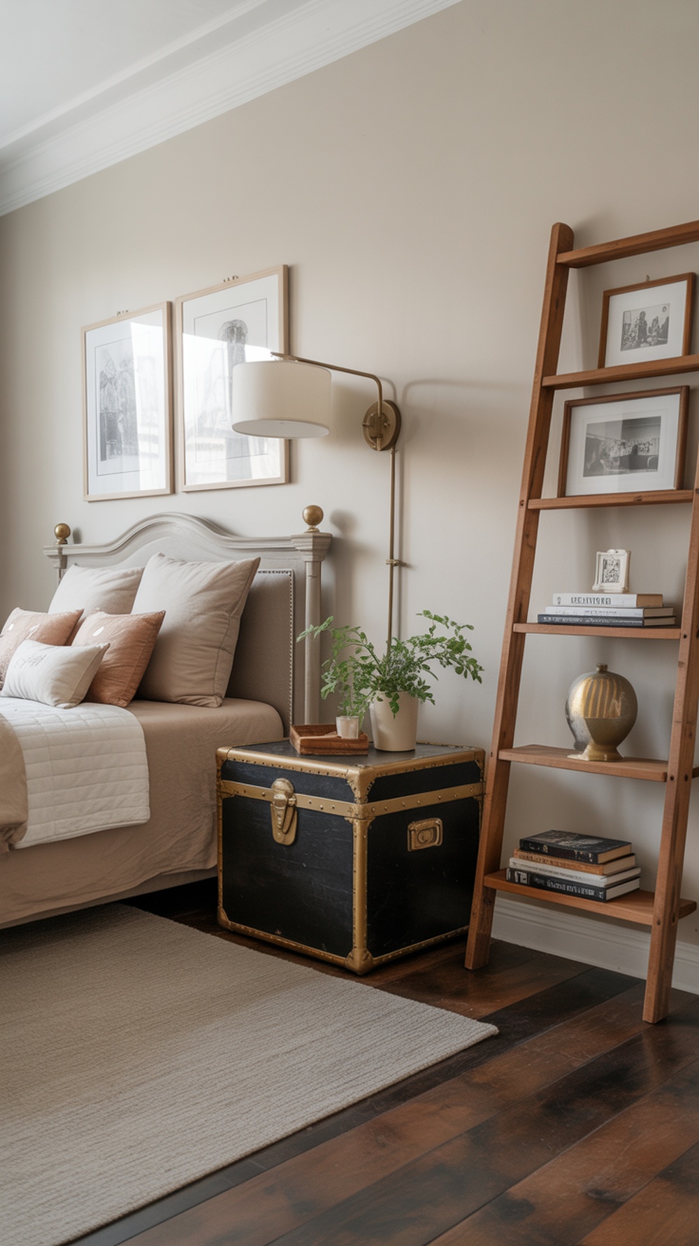 A modern vintage bedroom featuring a trunk as a nightstand, a cozy bed with pillows, and a wooden ladder shelf with books.