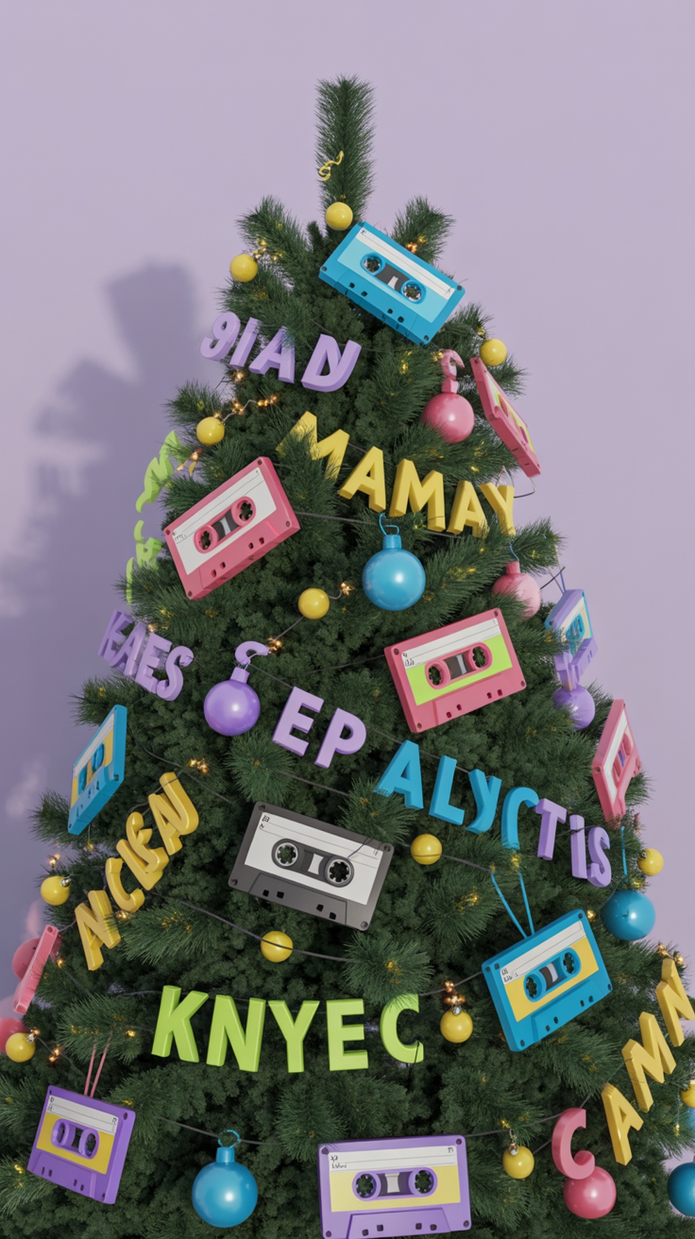 A colorful Christmas tree decorated with cassette tapes and playful letters, embodying retro 80's vibes.