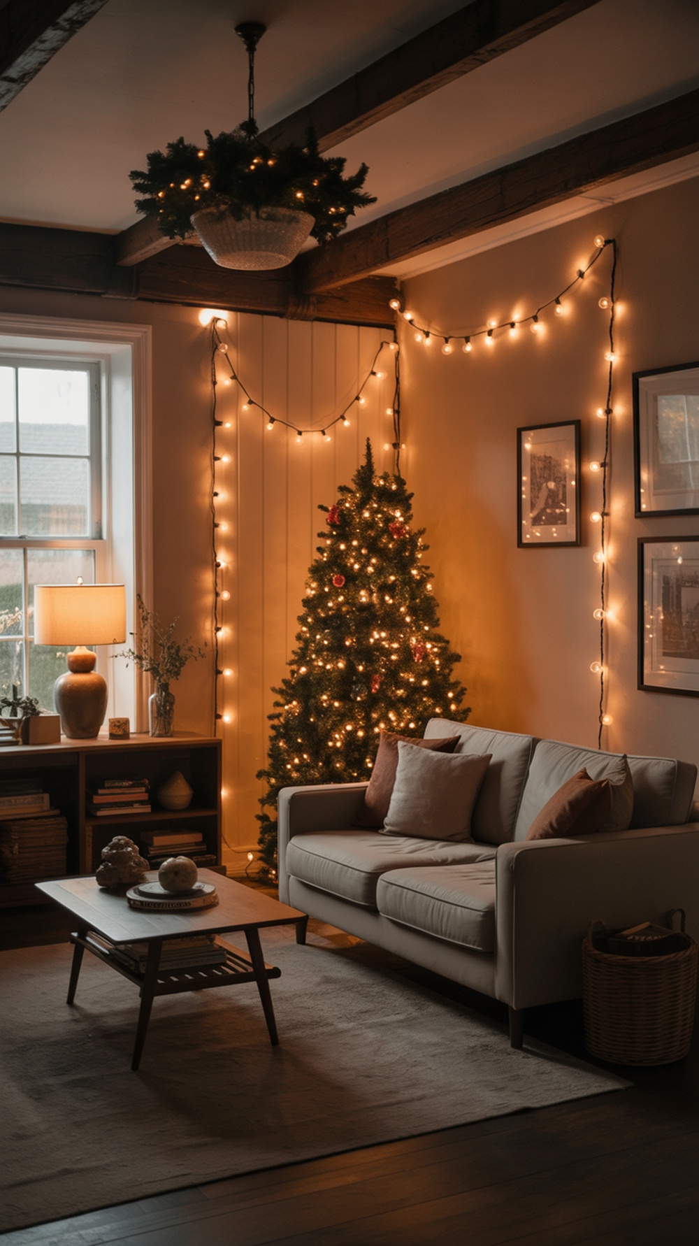 A cozy living room decorated for Christmas with retro string lights and a Christmas tree.