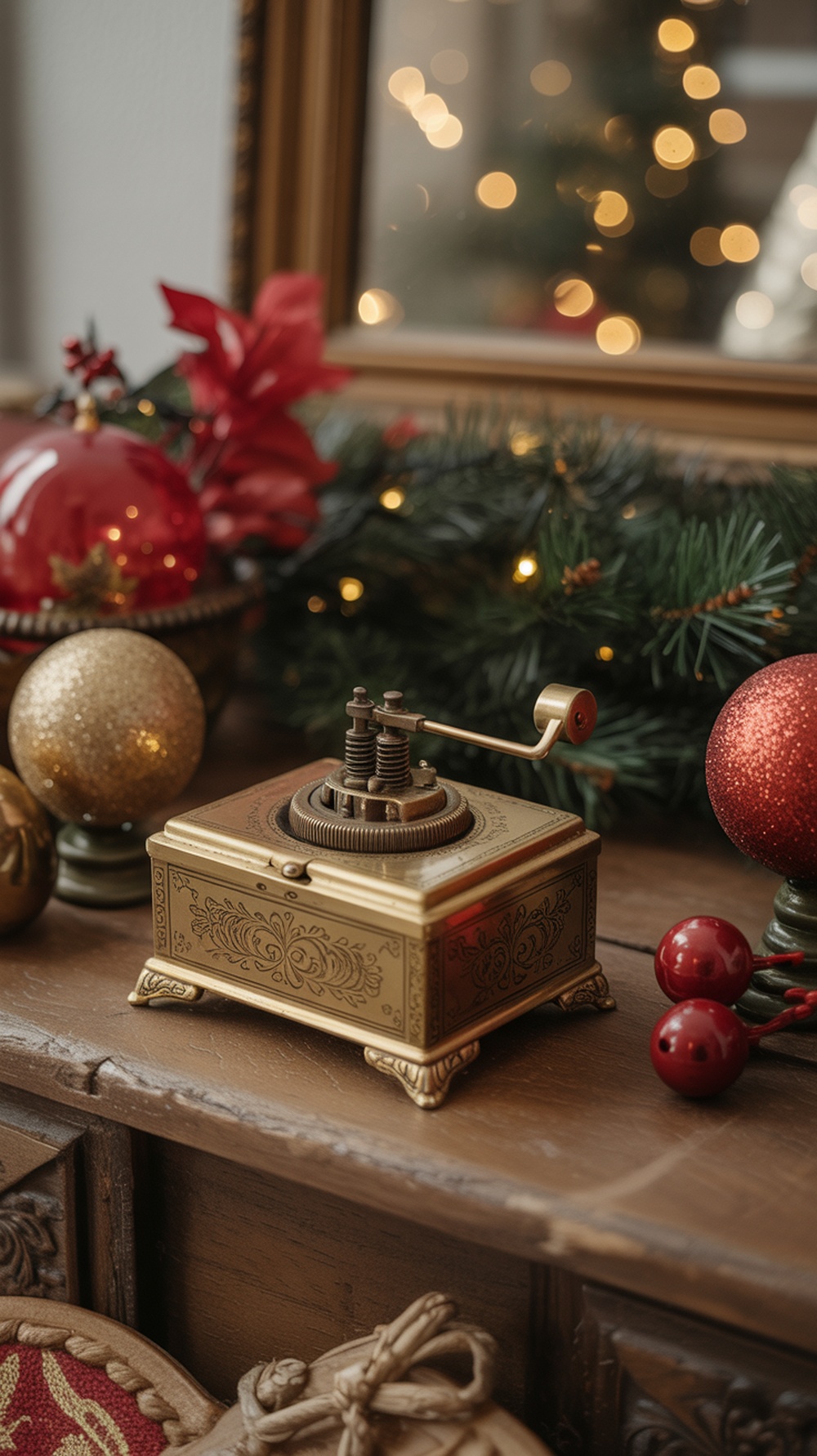 A vintage-style music box with intricate designs, surrounded by Christmas ornaments and decorations.