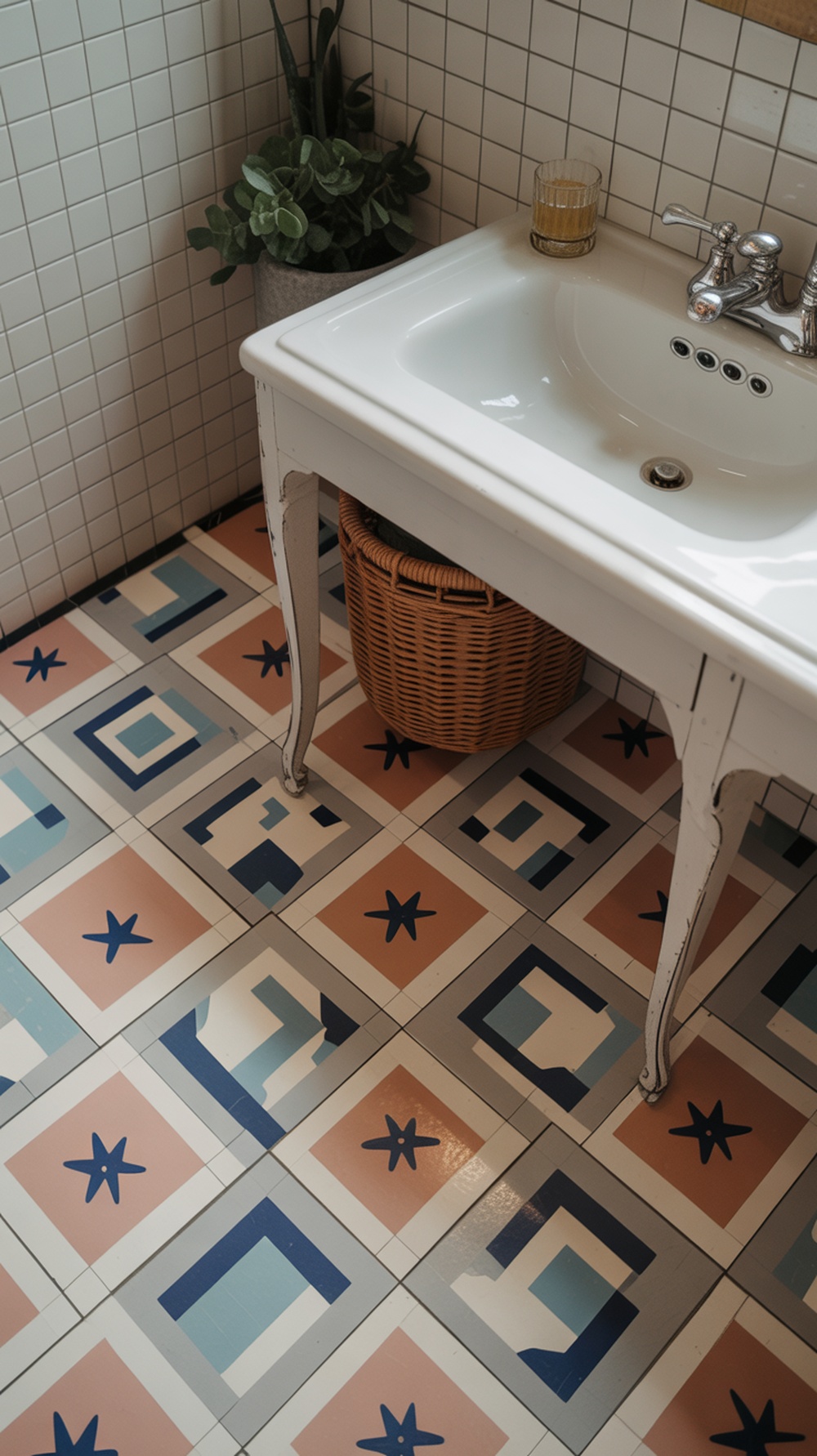 A vintage-style bathroom floor with colorful retro tiles featuring geometric patterns and star motifs.
