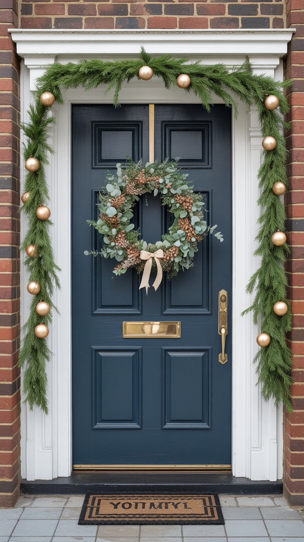 A blue door decorated with a wreath made of eucalyptus and pinecones, flanked by a garland with golden ornaments.