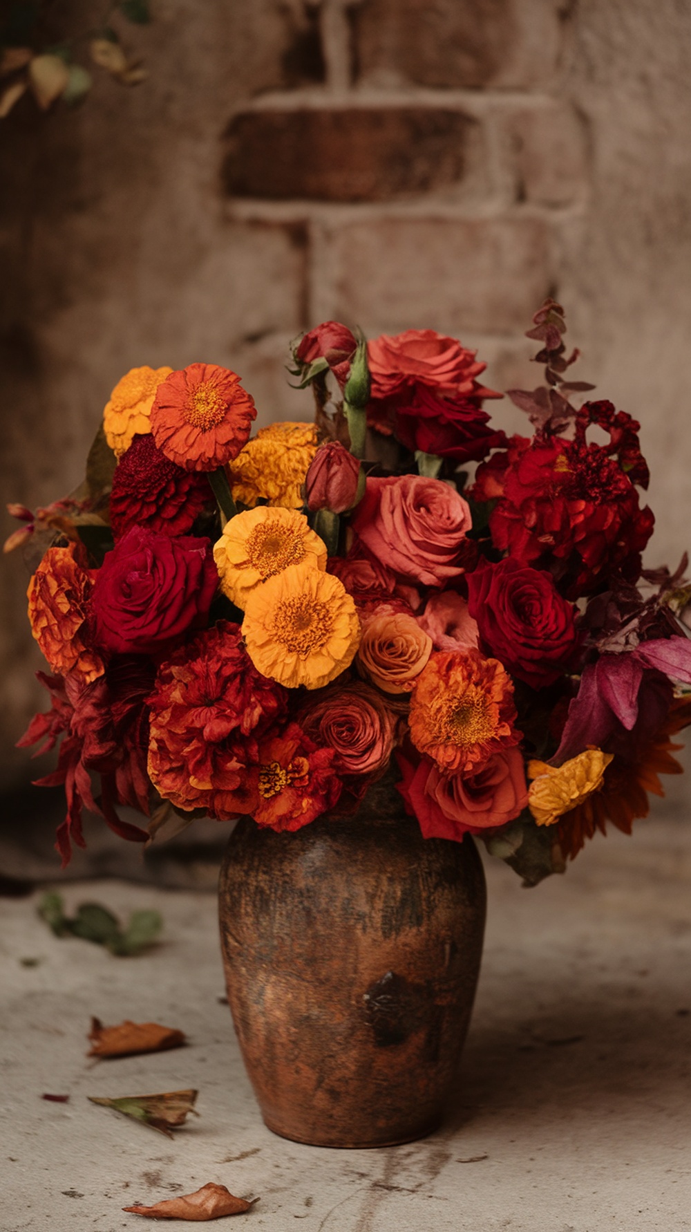 A vibrant fall bouquet featuring red and orange flowers in a rustic vase.