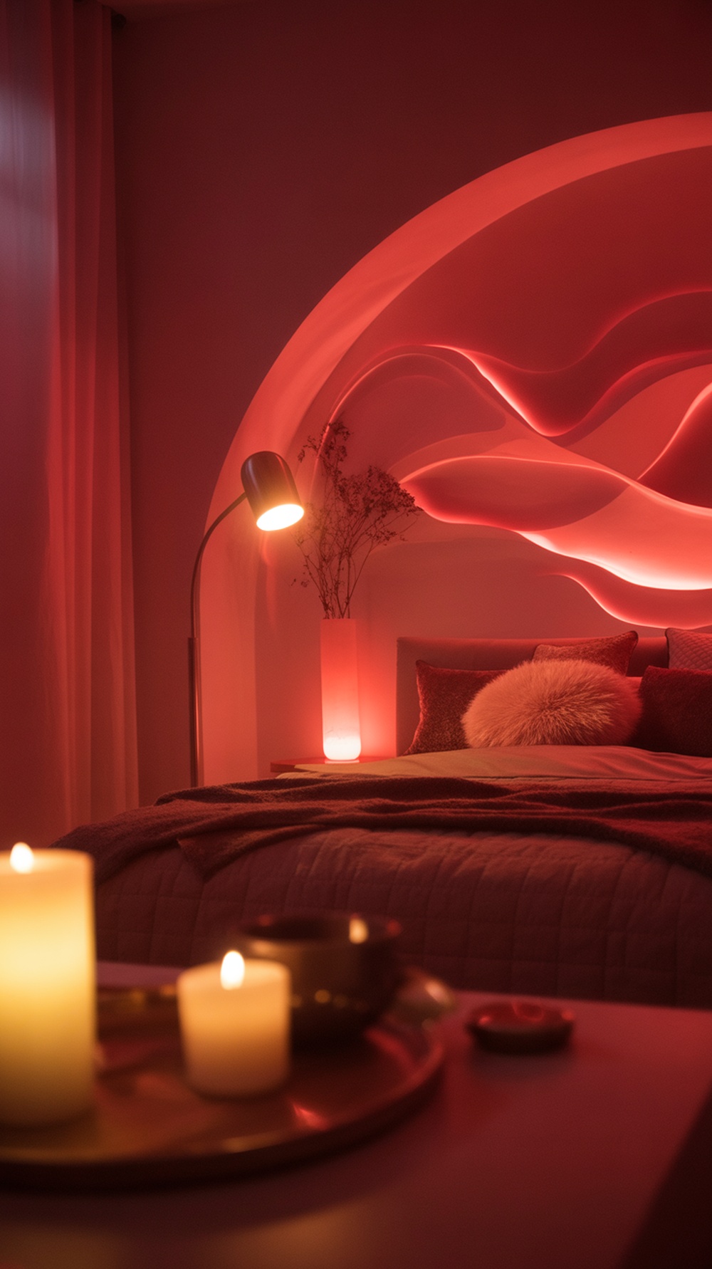 A cozy red bedroom with soft lighting from a lamp and candles, featuring plush pillows and a warm atmosphere.