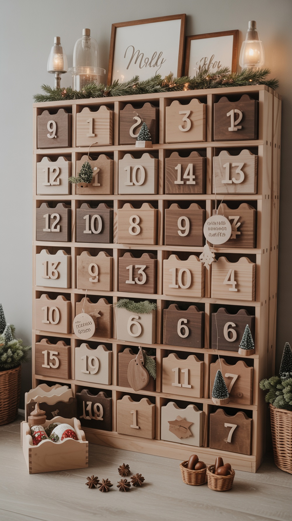 A rustic advent calendar made of wood with numbered drawers, decorated with small pine trees and lanterns.