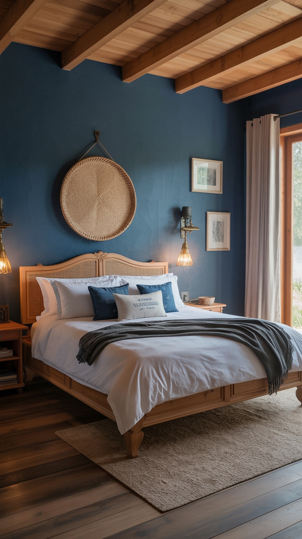 A rustic blue bedroom featuring natural wood elements, a cozy bed, and warm lighting.