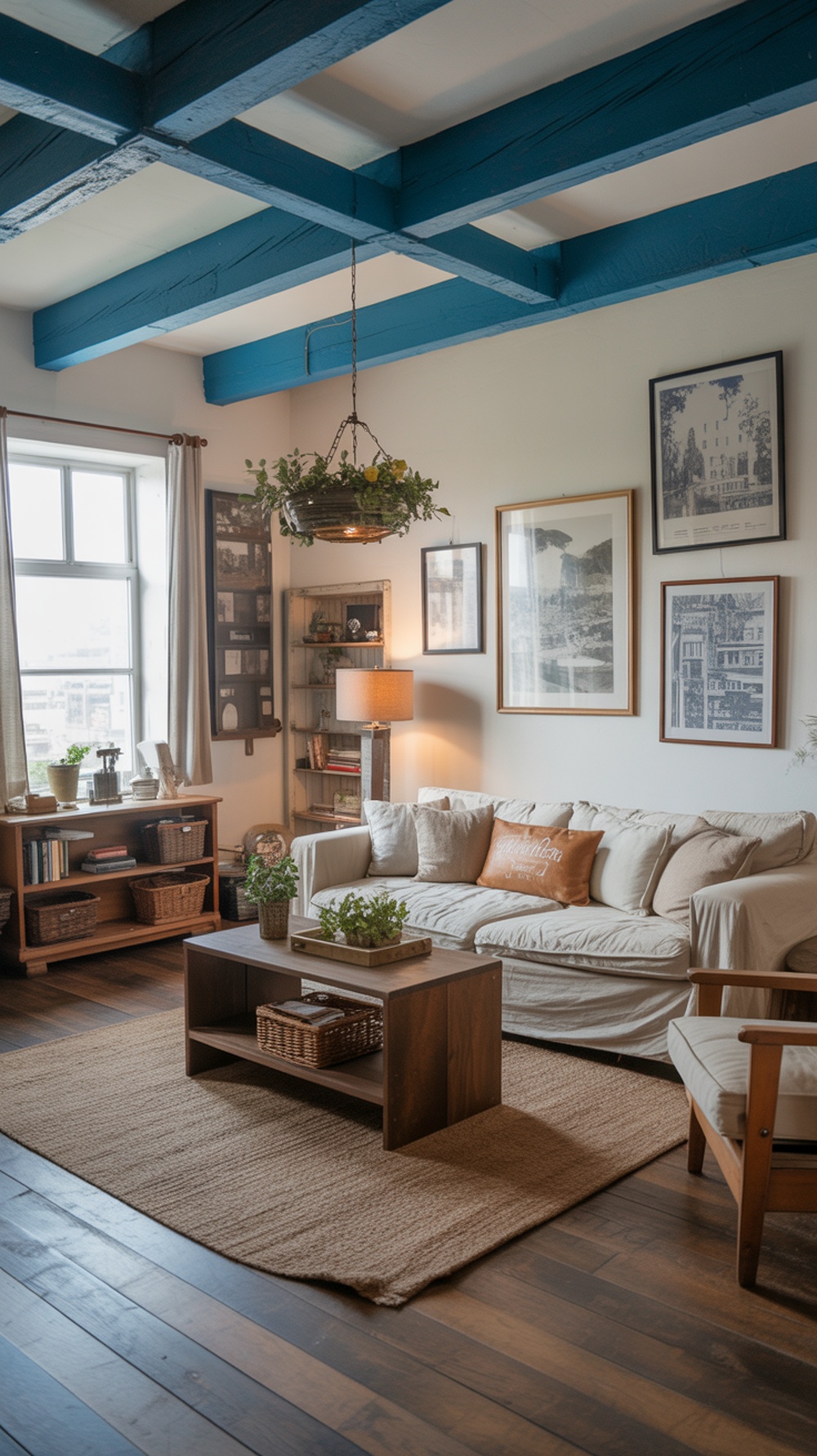 A cozy living room featuring rustic blue wood beams, wooden furniture, and plants.