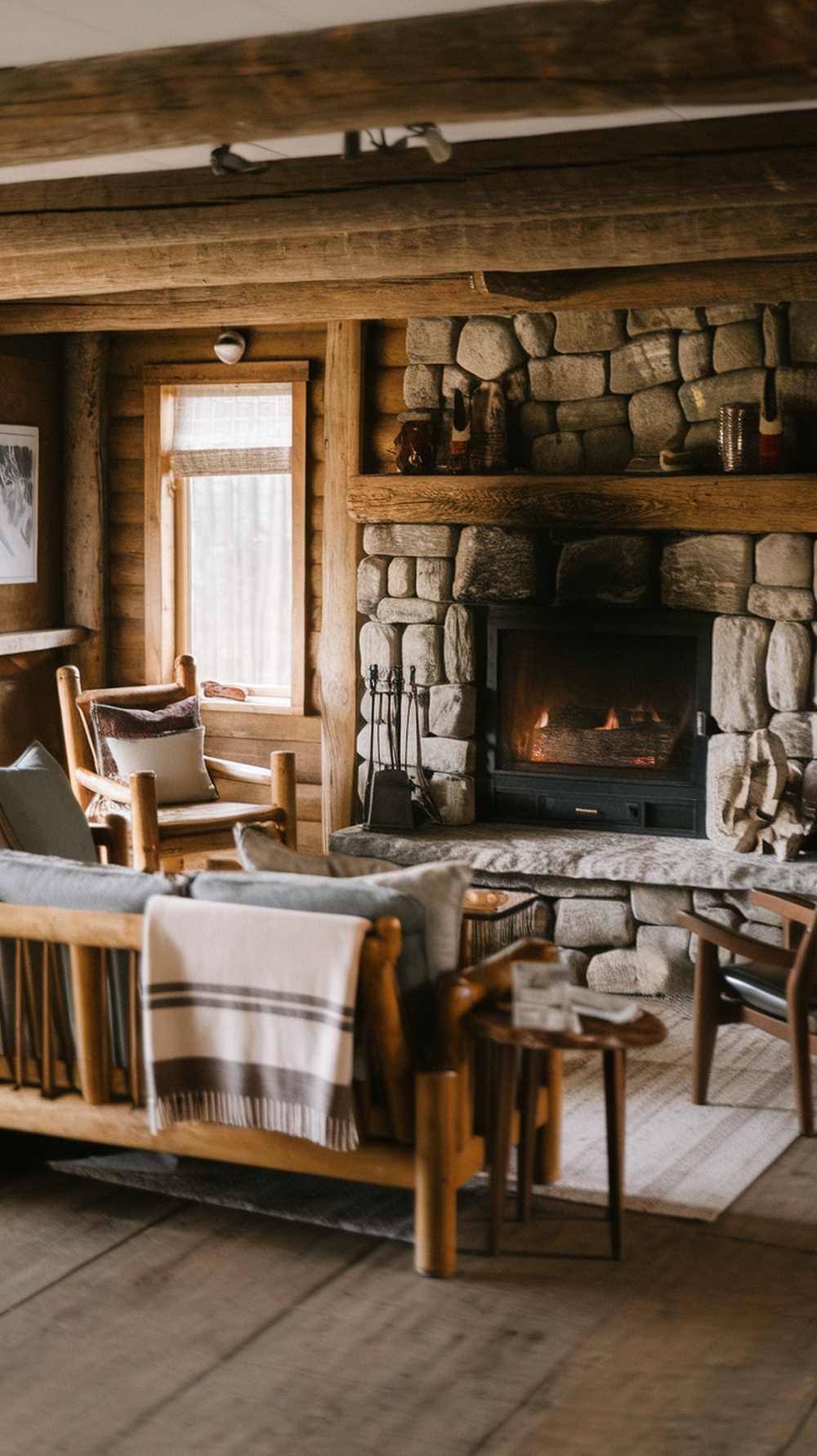 A rustic cabin living room featuring wooden beams, a stone fireplace, and cozy furniture.