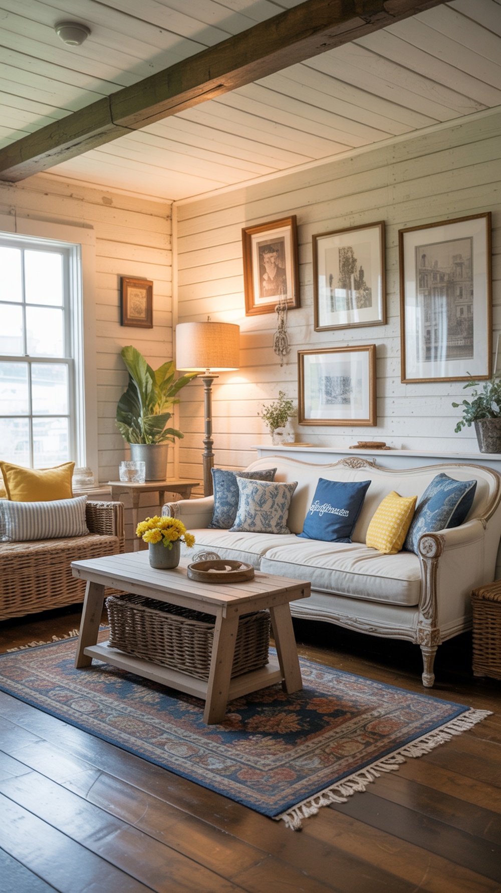 A cozy farmhouse living room featuring blue and yellow decor, wooden beams, and framed artwork.