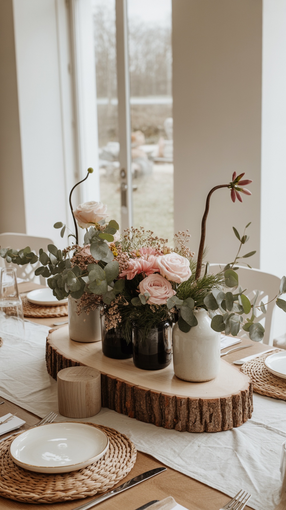A rustic chic centerpiece featuring pink roses and greenery on a wooden slab.