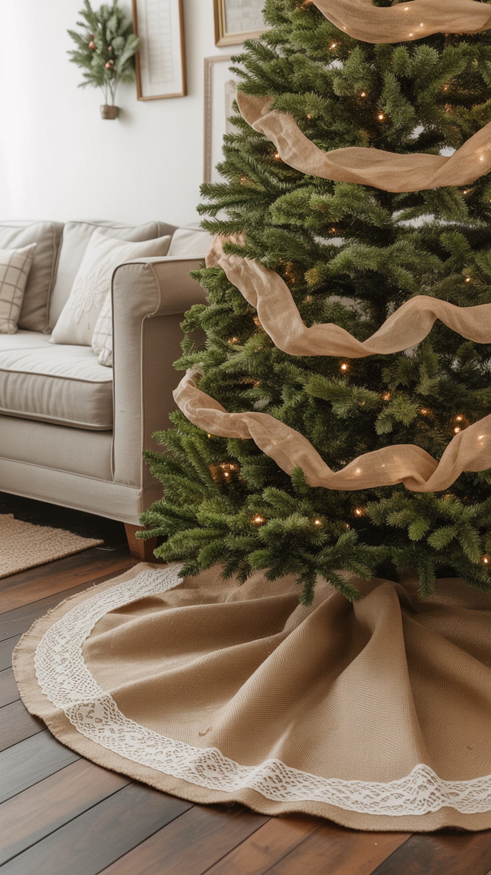 A rustic burlap Christmas tree skirt with lace trim under a decorated Christmas tree in a cozy living room.