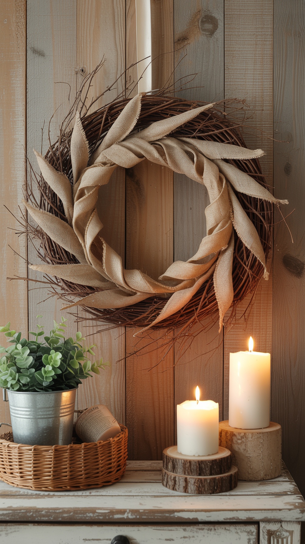 A rustic farmhouse wreath made of twigs and soft fabric, displayed with candles and a potted plant.