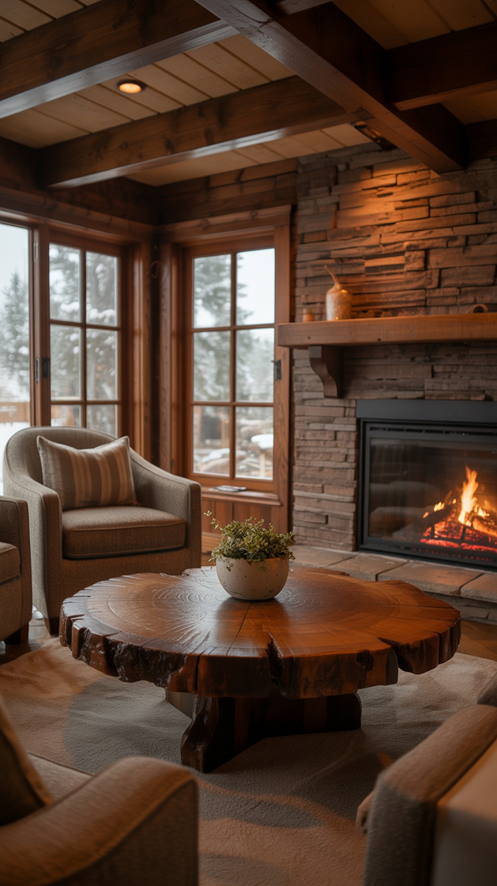 A cozy cabin living room with rustic wooden furniture, including chairs and a table, surrounded by bookshelves.