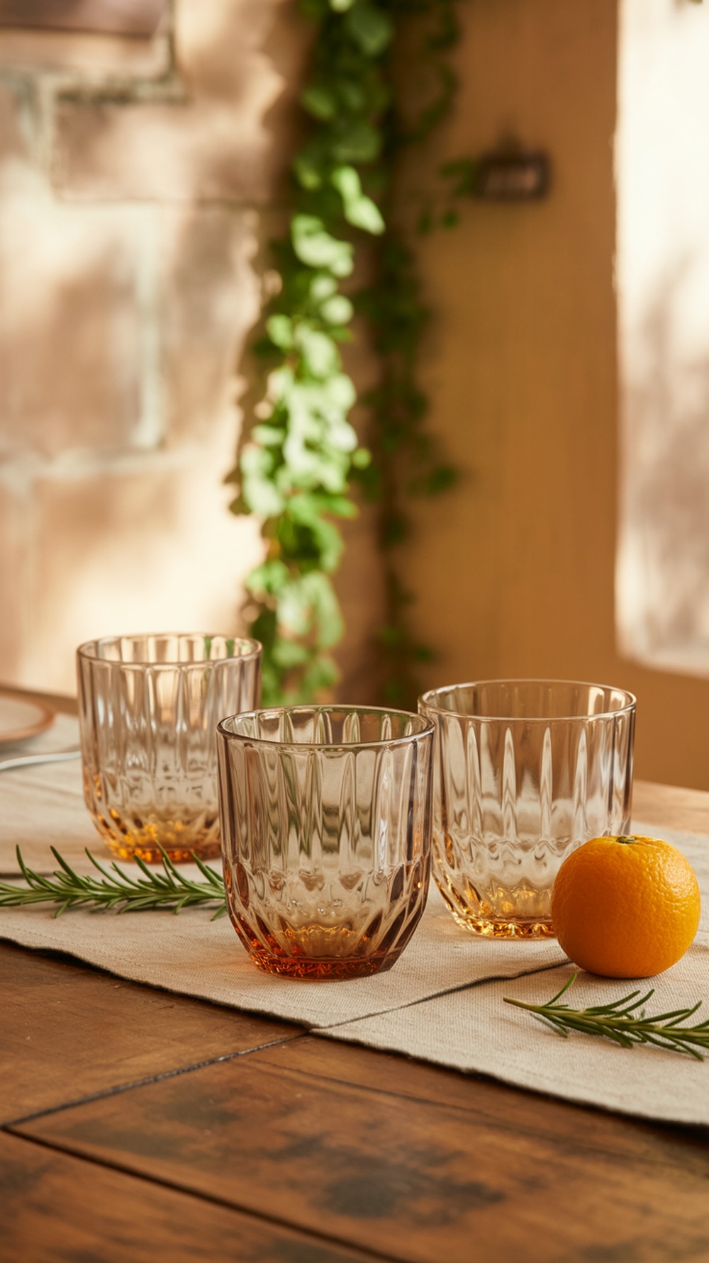 Three textured amber glass cups on a rustic table setting with a small orange and rosemary sprigs.