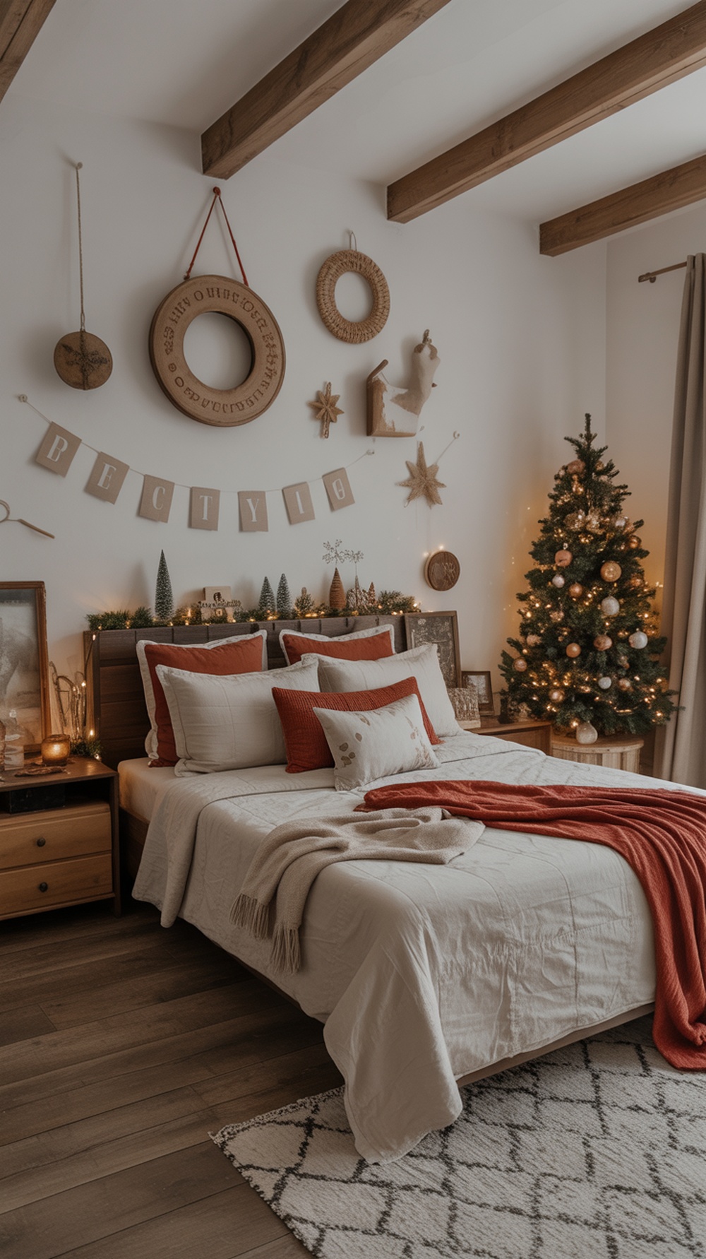 A cozy bedroom decorated for Christmas with rustic accents, including a small tree, warm bedding, and holiday ornaments.