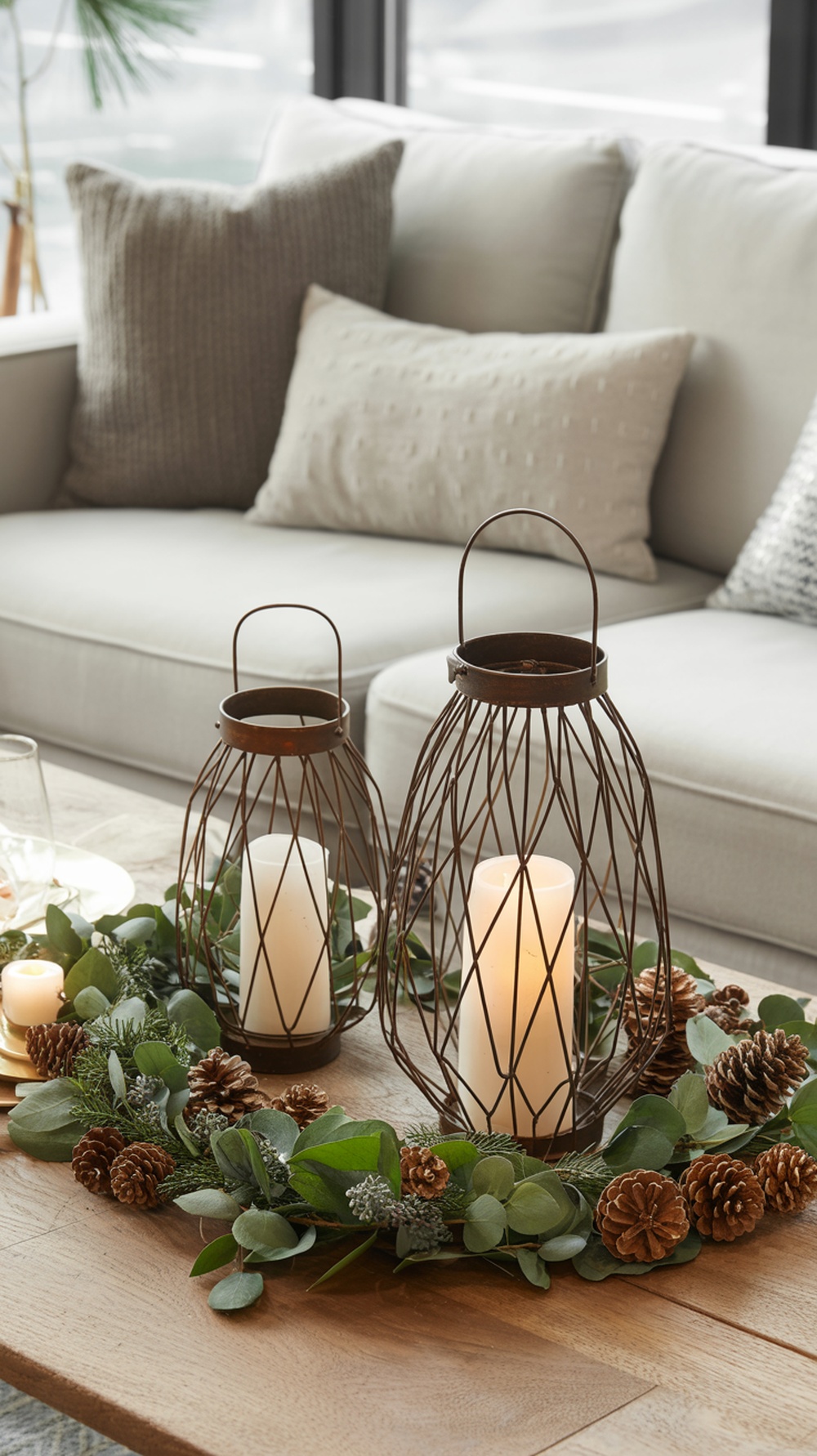 A cozy coffee table decorated with rustic lanterns and greens, featuring candles and pinecones.