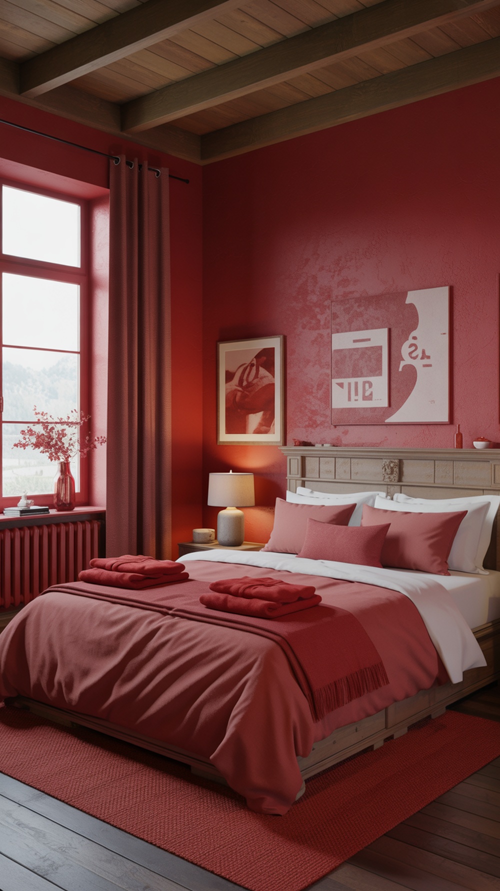 A cozy rustic bedroom with red walls, wooden beams, and soft red textiles.