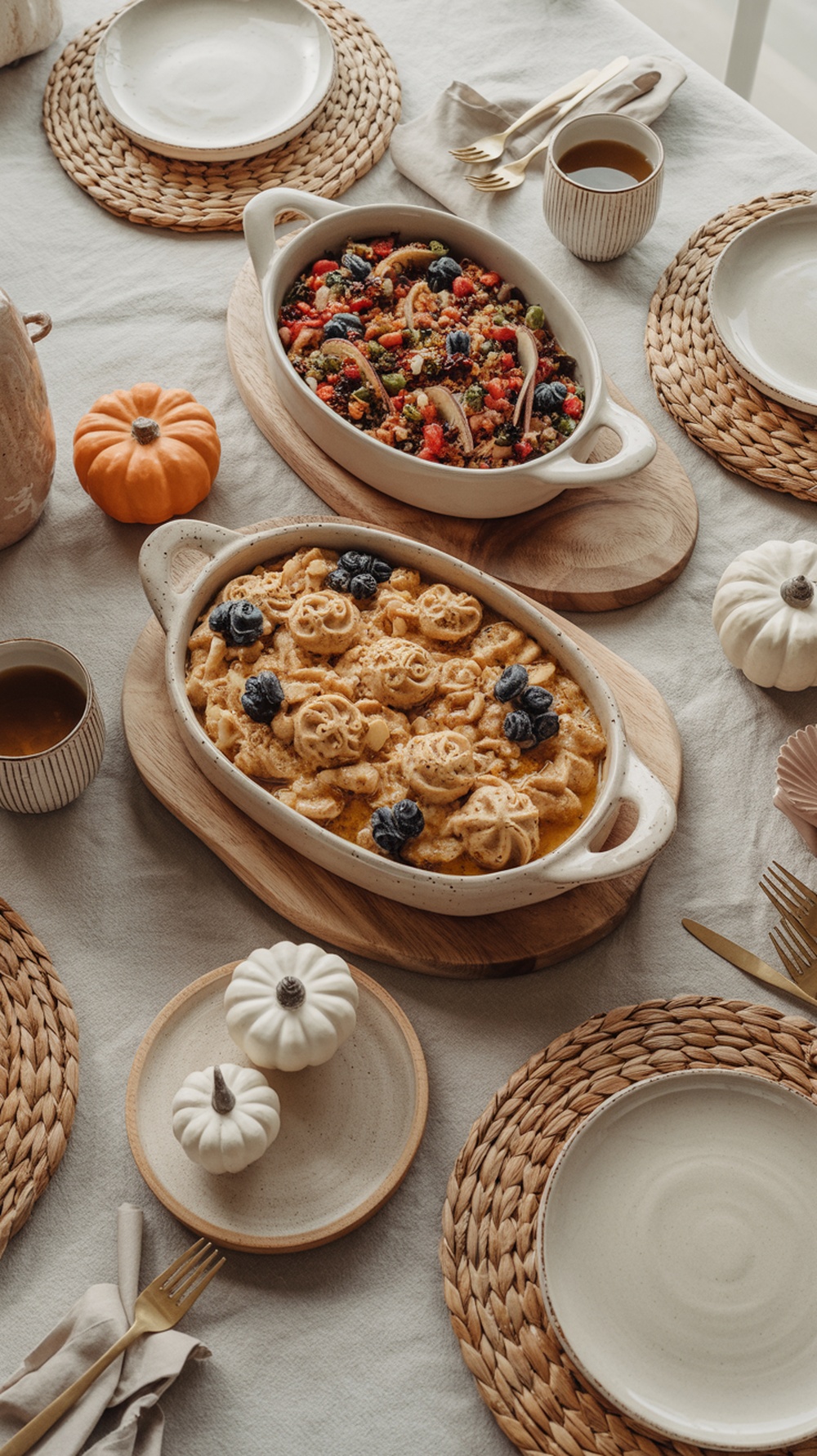 A rustic Thanksgiving table setting featuring colorful serving dishes, small pumpkins, and woven placemats.
