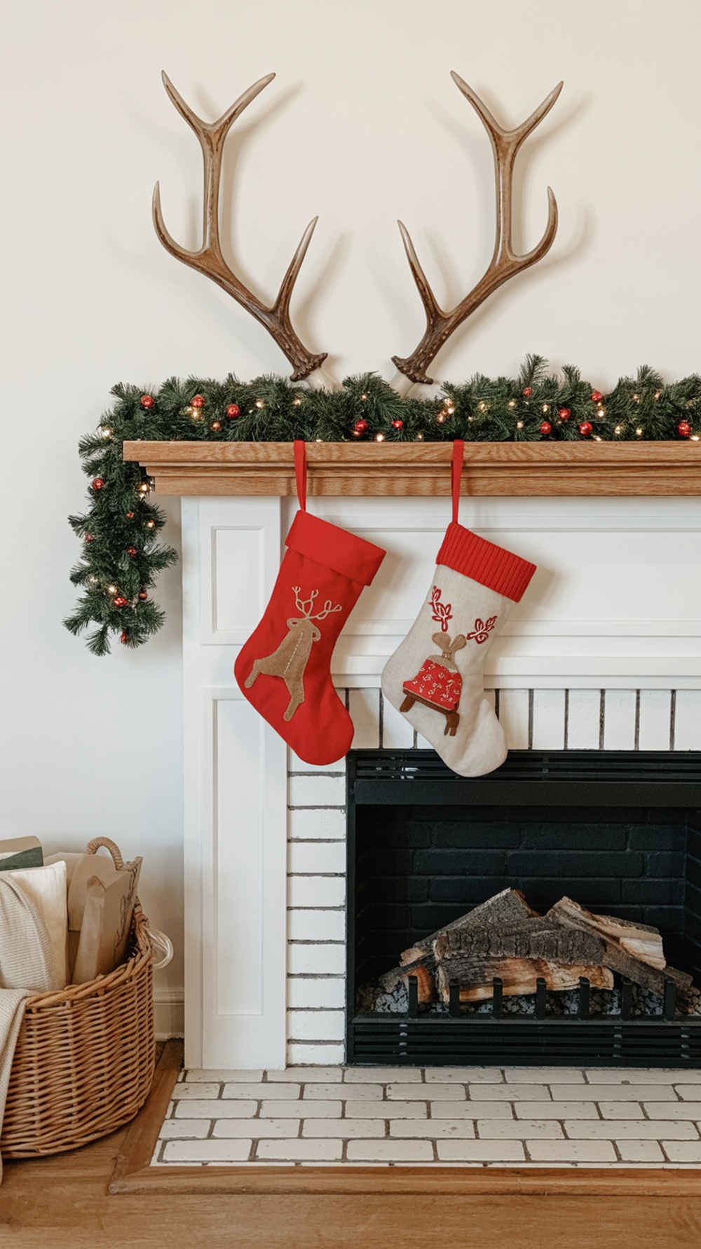 Rustic fireplace mantel decorated with antler stocking holders, green garland, and festive stockings.
