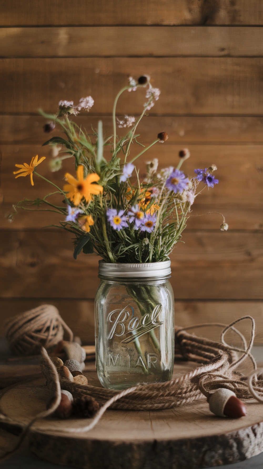 A rustic flower arrangement in a mason jar with wildflowers, set on a wooden table with twine and acorns.