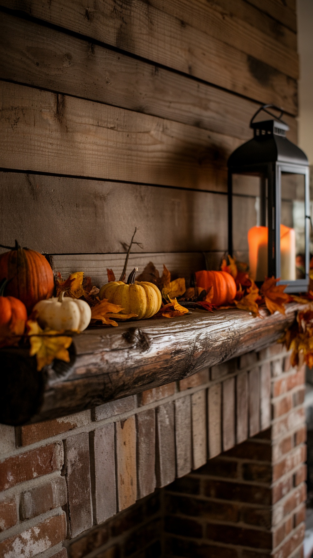A rustic wooden mantel decorated with pumpkins and autumn leaves.