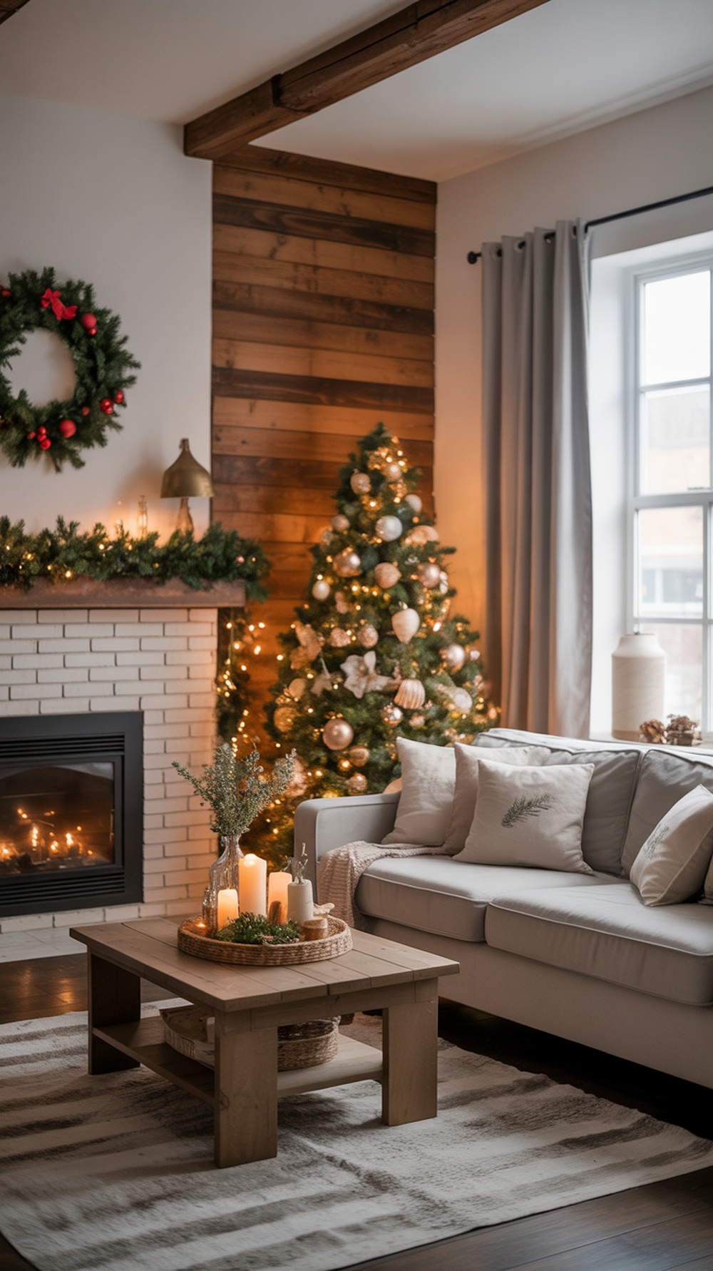 Cozy living room with rustic wood accents, a Christmas tree, and festive decorations.