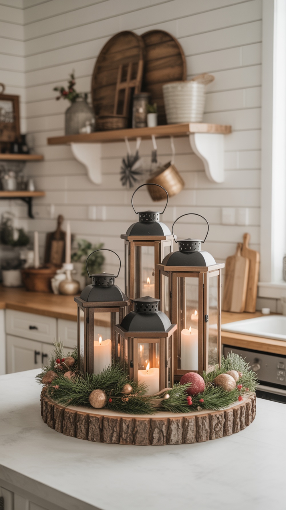 Rustic kitchen island decor featuring lanterns and wood arrangement