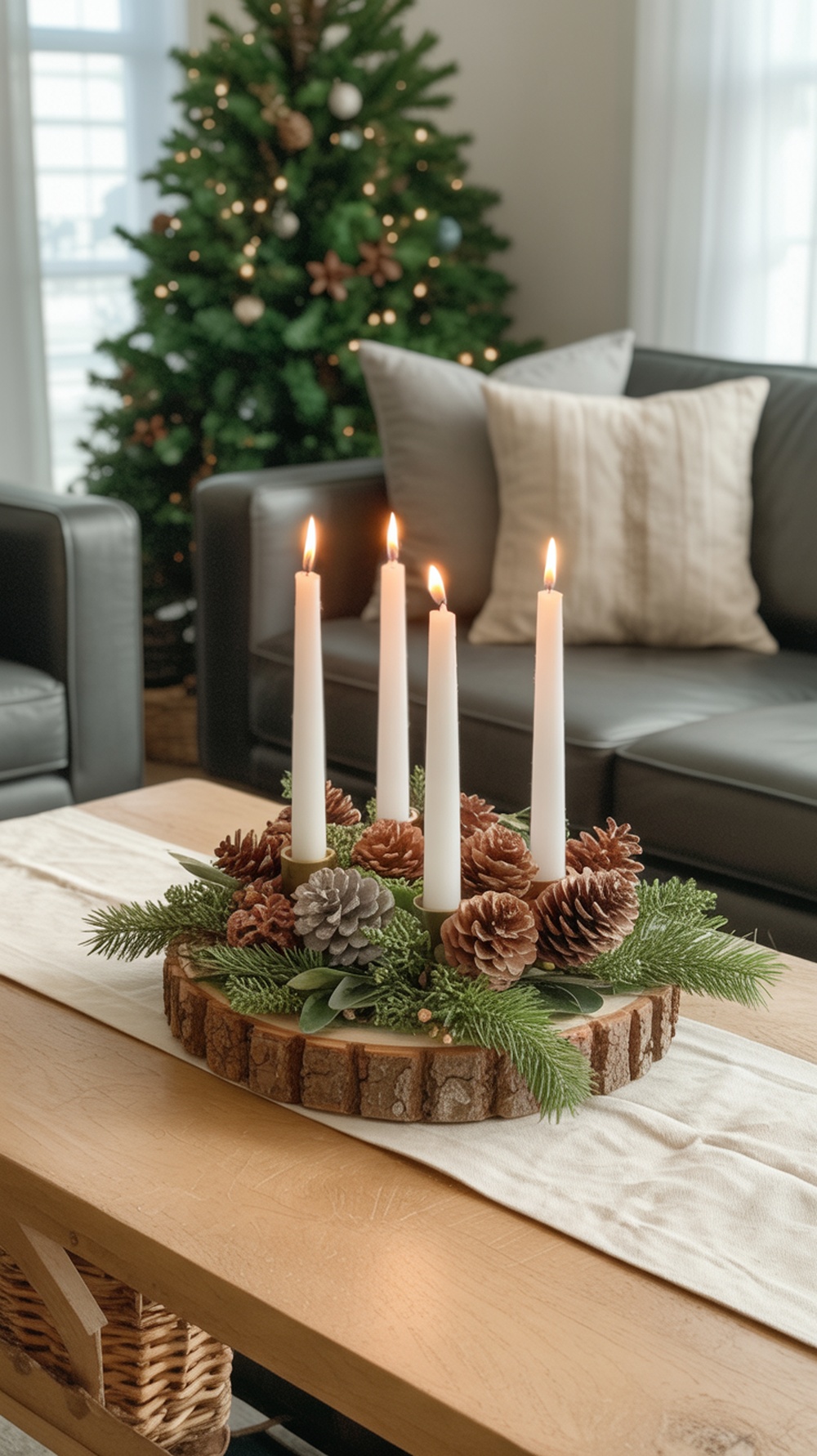 A rustic wood centerpiece with candles and pinecones on a coffee table, with a Christmas tree in the background.