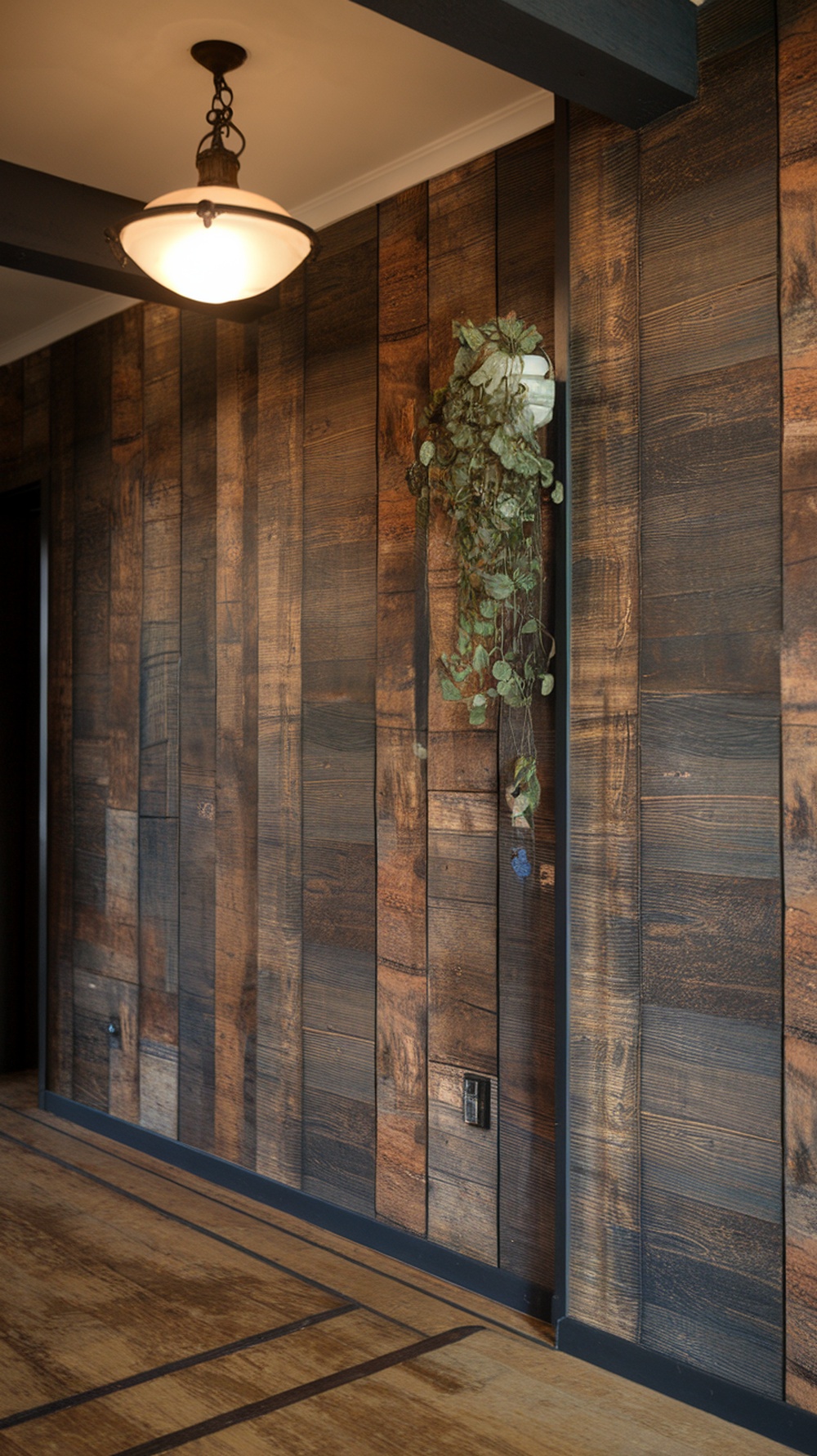 Rustic wood paneling in an entryway with a hanging plant and vintage light fixture.