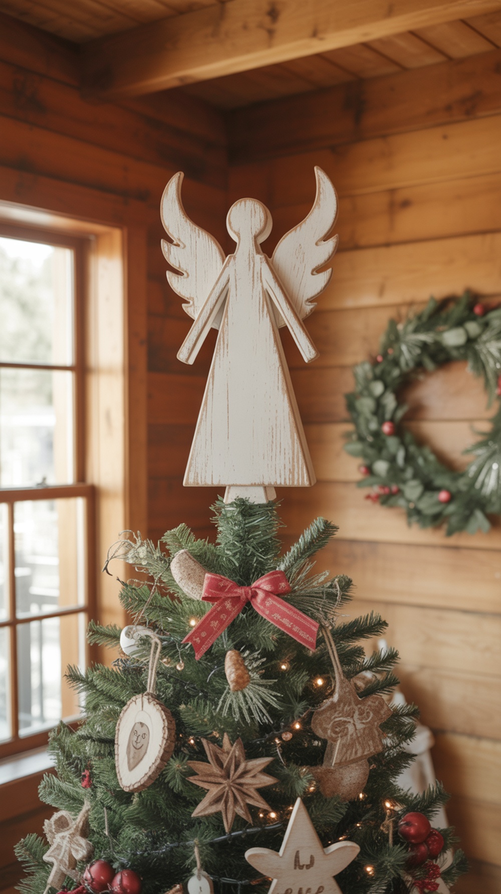 Rustic wooden angel tree topper on a Christmas tree