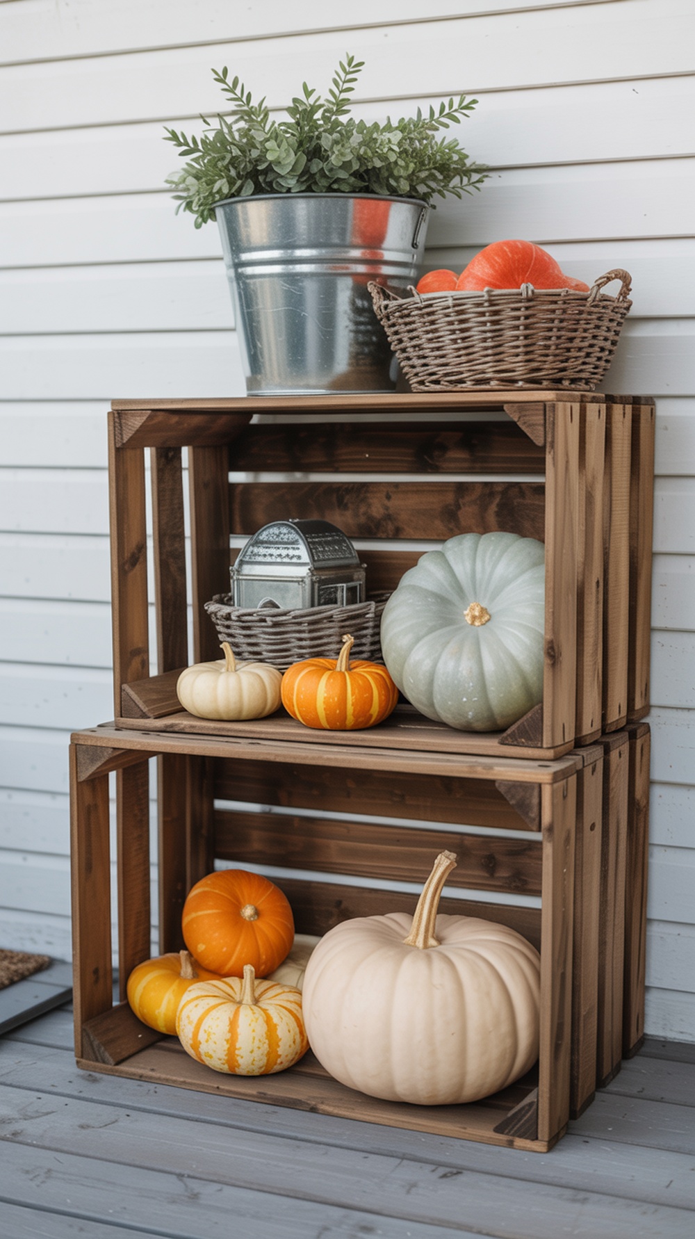 Rustic wooden crates displaying pumpkins and decorative items on a porch