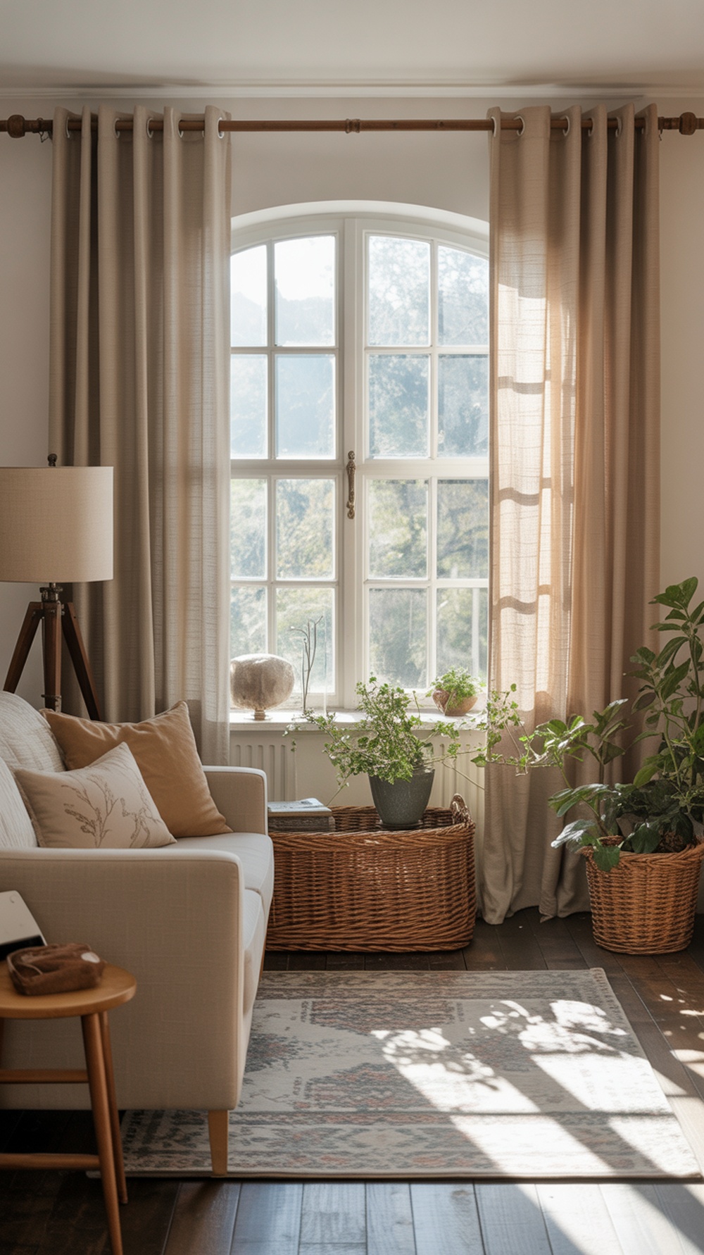 A cozy living room with light curtains on a rustic wooden curtain rod, featuring plants and natural decor.