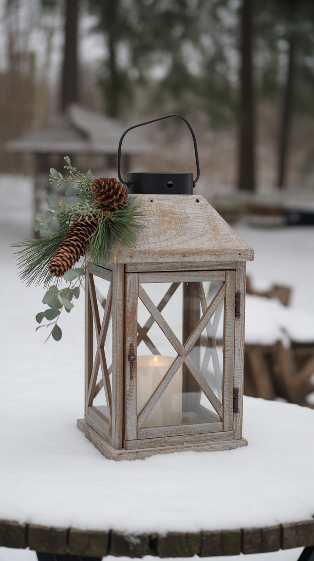 A rustic wooden lantern decorated with pine cones and greenery, sitting on a snowy table.